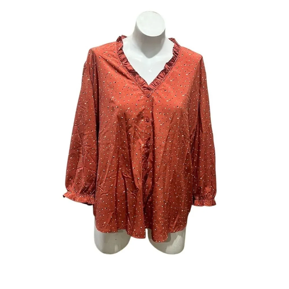 Ava Rose Women's Plus 2X Rust Polka Dot Ruffle Blouse Long Sleeve - Picture 2 of 8